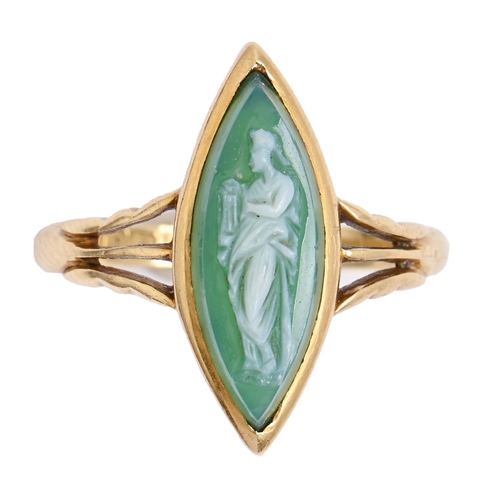 13 - A navette shaped green hardstone cameo ring, early 20th c, in 18ct gold, Birmingham, no date letter,... 