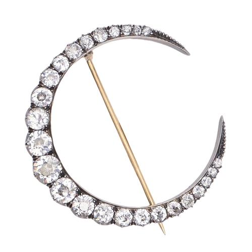 131 - A Victorian diamond crescent brooch, mounted in silver and gold, 42mm, 8g