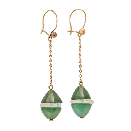 134 - A pair of Art Deco green and white paste earrings, suspended from a chain, wire loop... 