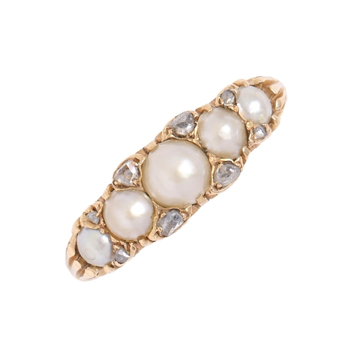 14 - A split pearl ring with diamond accents, early 20th c, in gold, marks rubbed, 3.5g, size L... 