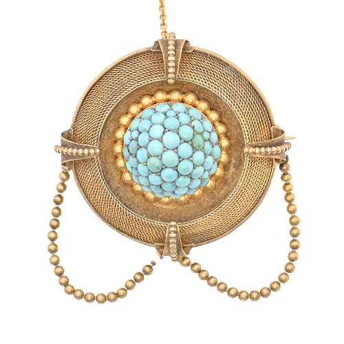 147 - A Victorian turquoise and gold target brooch, c1870, locket back, 36mm diam, 20g