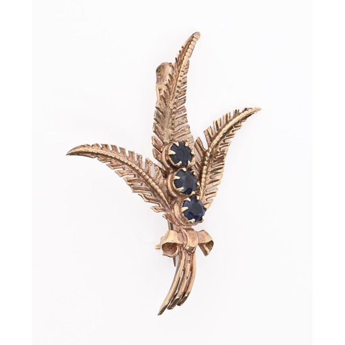 155 - A 9ct gold brooch, in the form of three ferns set with three evenly sized sapphires, 43mm, Birmingha... 