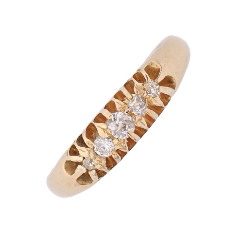 159 - A five stone diamond ring, with old cut diamonds, one deficient, in 18ct gold, size N... 