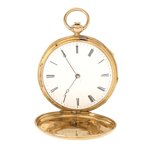 193 - A Swiss quarter repeating gold hunting cased lever watch, 19th c,  with enamel dial and Breguet hand... 