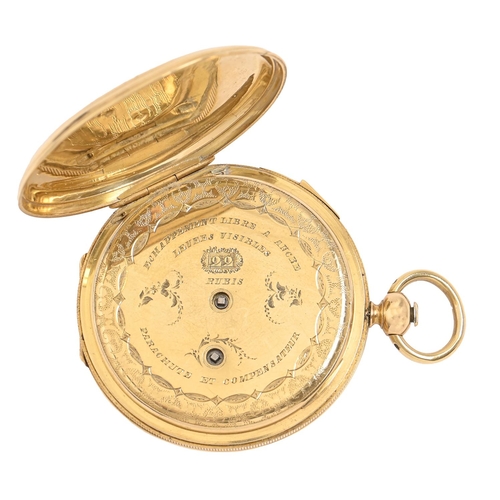 193 - A Swiss quarter repeating gold hunting cased lever watch, 19th c,  with enamel dial and Breguet hand... 