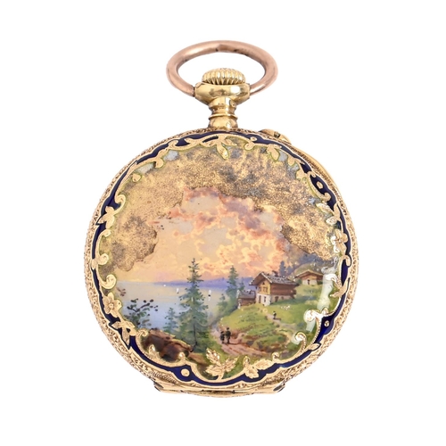 195 - A Swiss 18ct gold and enamel keyless lady's watch, early 20th c, the back painted with a landscape, ... 