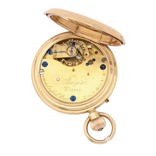 197 - An 18ct gold hunting cased keyless lever lady's watch, Jays 142 144 Oxford Street London, No 15389, ... 