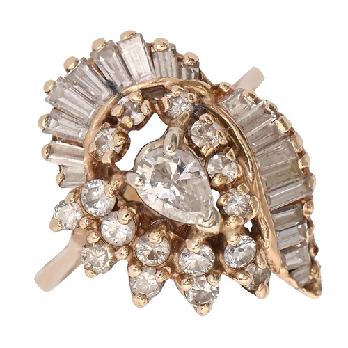 202 - A diamond cluster ring, with larger central pear shaped diamond enveloped in an asymmetrical surroun... 