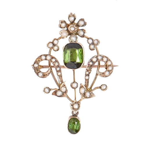 34 - A green paste and split pearl openwork brooch-pendant, c1900, in gold, 41mm, marked 9ct, 4.3g... 