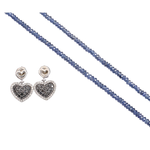 37 - A sapphire necklet, with gold clasp, 44.5cm, marked 10k and a pair of sapphire and diamond earrings,... 