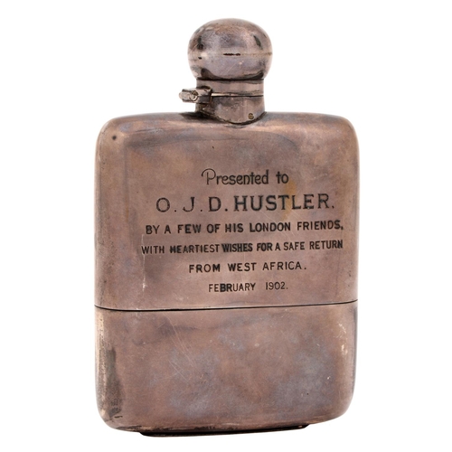 376 - A Victorian silver hip flask, engraved Presented to O. J. D. Hustler by a few of his London friends ... 