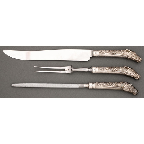 384 - An Elizabeth II cast silver racehorse hafted carving set, by William Comyns & Sons Ltd, London 1... 