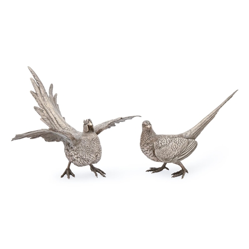 388 - Two Elizabeth II silver pheasant table ornaments, 23 and 30cm l, by Garrard & Co Ltd, London 199... 