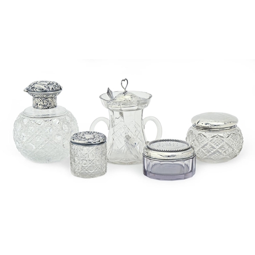 391 - A George V two handled cut glass honey or marmalade jar, silver cover and spoon, the latter of Alban... 