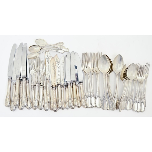 392 - A German silver table service for six, early 20th c, including silver hafted table and cheese knives... 