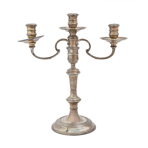 406 - An Elizabeth II silver candelabrum, in Queen Anne style, of three lights on candlestick, 35cm h, by ... 