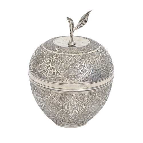 407 - An Egyptian silver repousse box and cover in the form of an apple, 20th c, 25cm h, control marks, 34... 