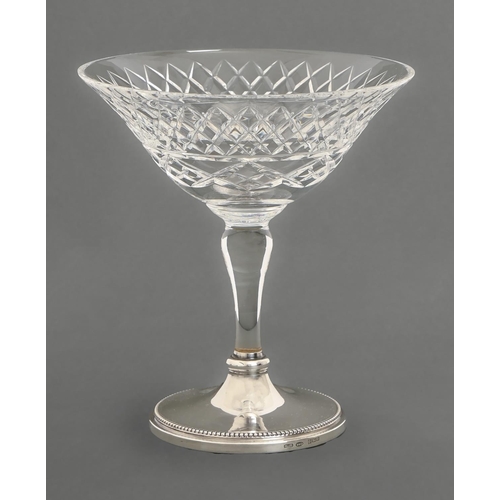 409 - An Elizabeth II cut glass sweetmeat stand, on silver foot, 17cm h, by W I Broadway & Co, Birming... 