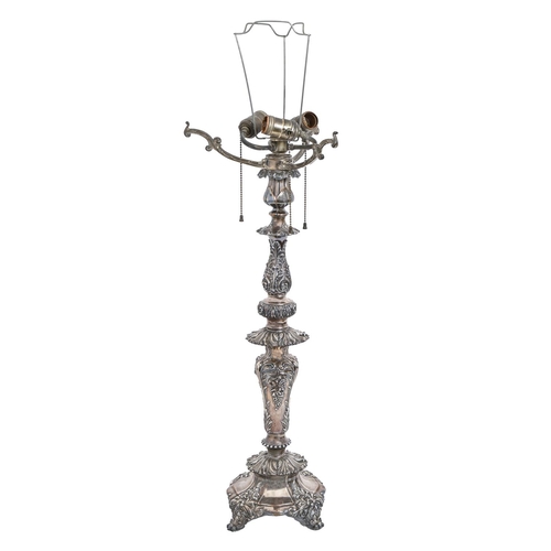 417 - A Victorian electro-plated centrepiece, altered and adapted as a lamp, 64cm h excluding fitment... 