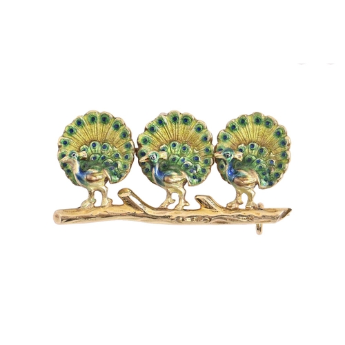 42 - A gold and enamel peacocks brooch, 34mm, unmarked, 5.3g