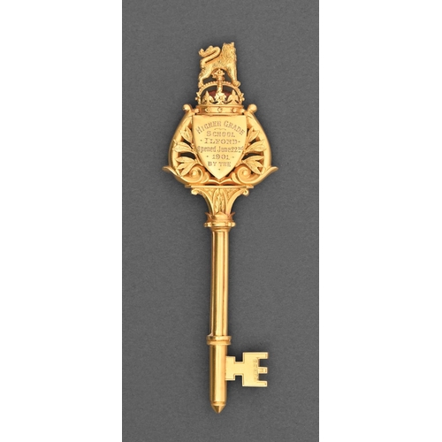 420 - A Victorian 9ct gold ceremonial key, engraved Higher Grade School Ilford Opened June 22nd 1901 by th... 