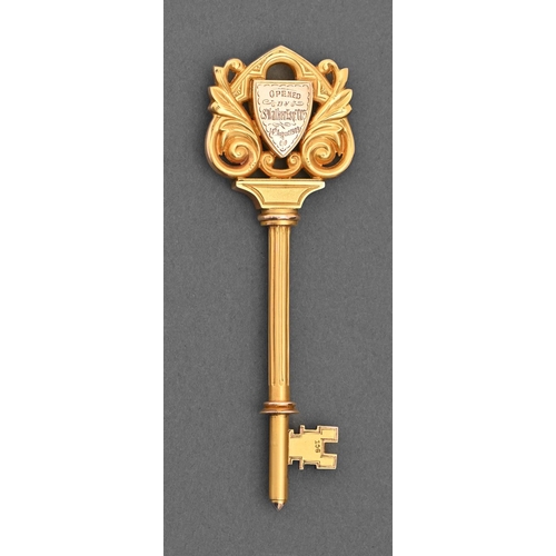 421 - An Edwardian gold ceremonial key, inscribed Hopton School Mirfield Opened by S Walker Esquire CCr 14... 