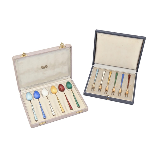 430 - A Harlequin set of six Danish silver gilt and translucent enamel coffee spoons, mid 20th c, by Egon ... 