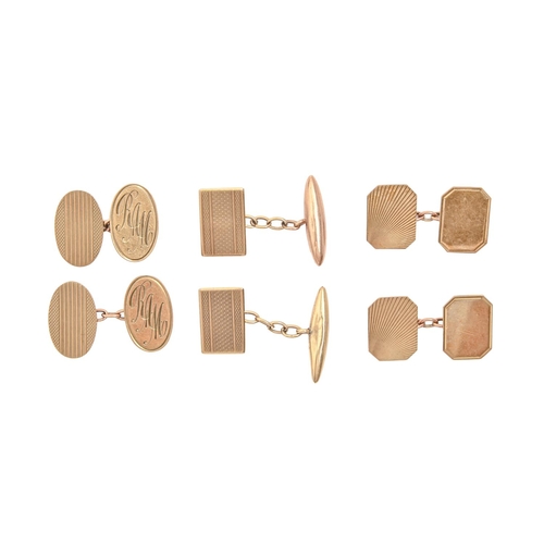 45 - Three pairs of 9ct gold cufflinks, various sizes, 11g
