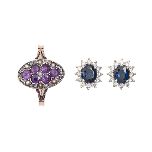 46 - A pair of sapphire and diamond cluster ear studs, in white gold, 10mm, marked 585, 4g and a purple a... 