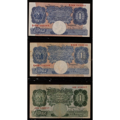 467 - Bank of England issues, 1928-, Pound Notes, Kenneth Oswald Peppiatt, Blue (31), Green (14), good sel... 