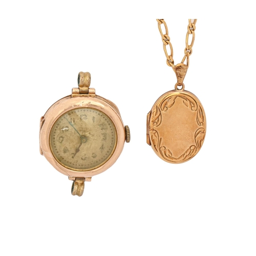 47 - A 9ct gold locket, 25mm, Birmingham 1984 and a 9ct gold necklet, 9.7g and a 9ct gold lady's wristwat... 