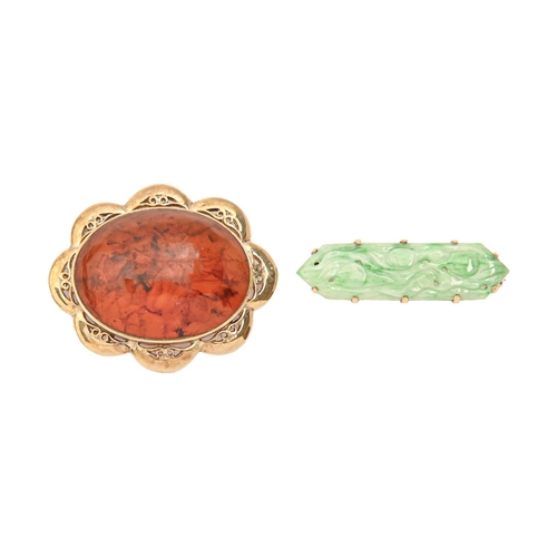 48 - An hexagonal carved and pierced jadeite brooch, with peaches and leaves, mounted in 9ct gold, 40mm, ... 