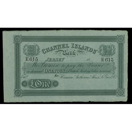 485 - Jersey, Pound Note, Channel Islands Bank, 18--, E615, light blue, unsigned, unissued, almost EF... 