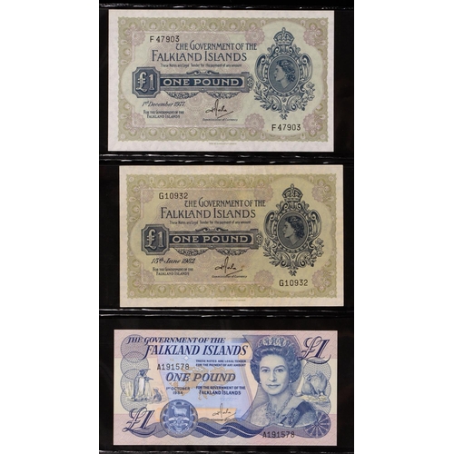 488 - Falkland Islands, Pound Notes, 1977 F+5 uncirculated, 1982 G+5 EF, 1984 A+6 uncirculated; Jason Isla... 