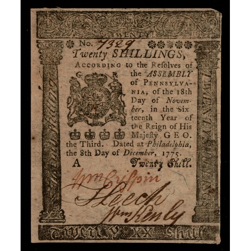 501 - North America, Pound Note, Twenty Shillings, Pennsylvania, 1775, no.7329, minor pin holes, good fabr... 