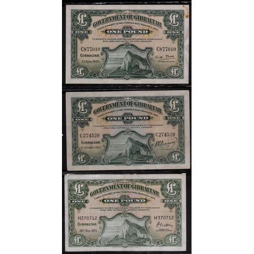 507 - Gibraltar, Pound Notes, 1927 C+6 F-VF, 1942 VF minor rust marks, 1971 F-VF (3)