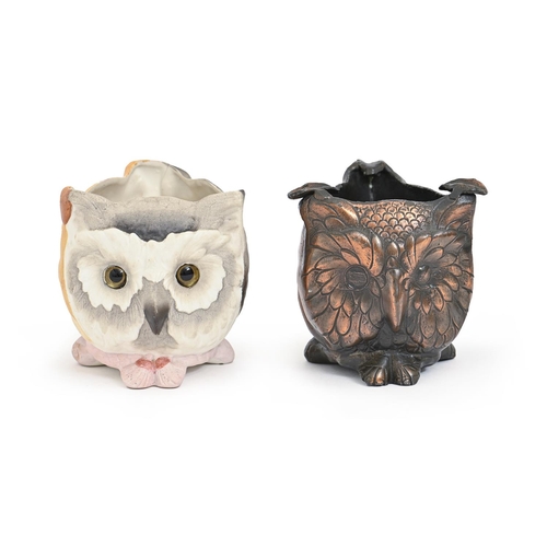 536 - A German painted biscuit pug dog, owl and cat three-faced night light, c1890, with glass eyes, 10cm ... 