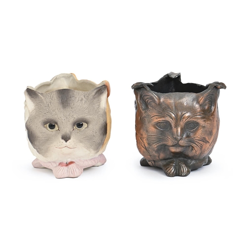 536 - A German painted biscuit pug dog, owl and cat three-faced night light, c1890, with glass eyes, 10cm ... 