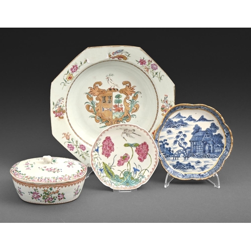 600 - A Chinese armorial octagonal soup plate, c1760, an eggshell body saucer, a butter tub and cover with... 