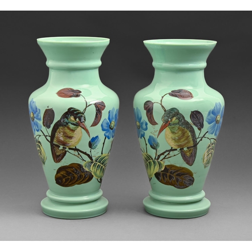 603 - A pair of Victorian turquoise glass vases, cold painted with a kingfisher on a flowering bough, 35cm... 