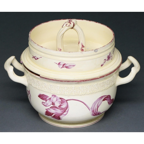 613 - A Wedgwood ice pail, cover and liner or 'glacier', c1770, painted by James Bakewell, in rose-purple ... 