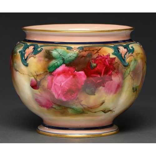 616 - A Royal Worcester jardiniere, 1905, painted by C V White, signed and dated 1906, with 'Hadley Roses'... 