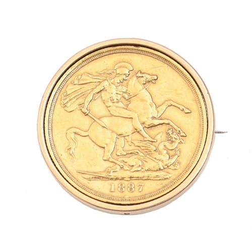 62 - Gold coin. Two pounds 1887, mounted in a gold coloured metal brooch with base metal pin, 22g... 