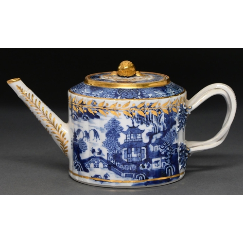 620 - A Chinese export blue and white teapot and cover, c1790, with entwined handle, painted with a 'Nanki... 