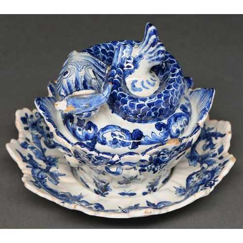 622 - A Dutch Delftware fish sauce tureen, cover and stand, Jan van der Kloot, c1765, painted in shades of... 