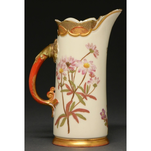 624 - A Royal Worcester tusk jug, 1890, decorated with wild flowers on an ivory ground, 15cm h, puce print... 