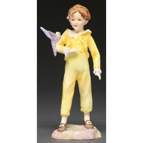 637 - A Royal Worcester figure of a boy with a parakeet, c1970, 17cm h, black printed mark... 