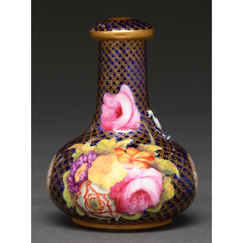 638 - A Spode lizard bottle and stopper, c1820, painted with flowers on a blue and gilt scale patterned gr... 