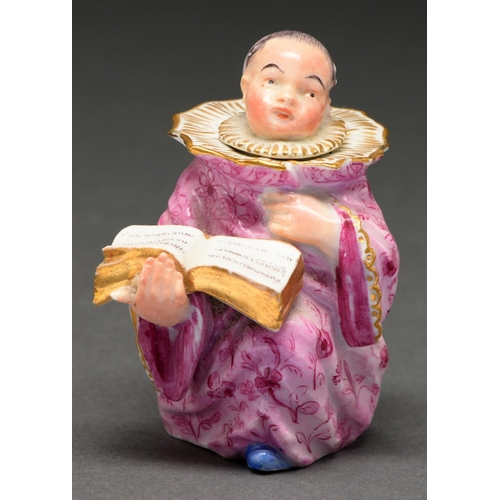 642 - A Meissen figural inkwell and stopper in the form of a choir boy, 19th c, in puce robe, 84mm h, unde... 