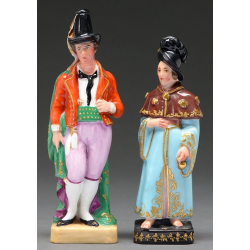 643 - Two Jacob Petit man and woman figural scent bottles and stoppers, mid 19th c, 17 and 20cm h, undergl... 